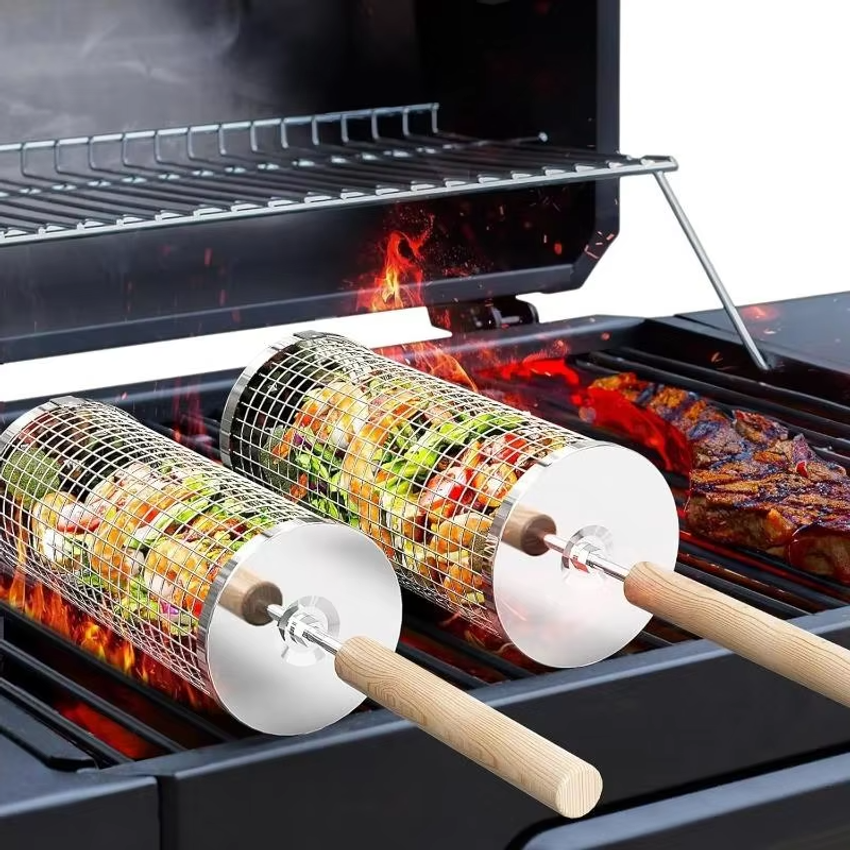Outdoor Camping Outfit - Round Barbecue Grill Basket Set, Stainless